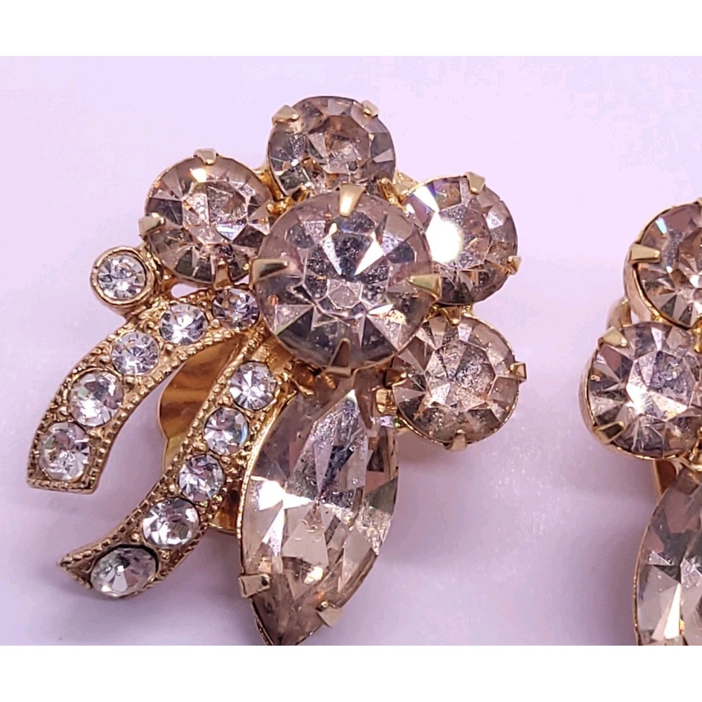 Eisenberg Ice Vintage Rhinestone Floral Bouquet Clip-On Earrings Gold Tone